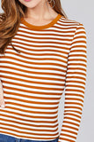 Ladies fashion plus sizelong sleeve crew neck striped dty brushed top