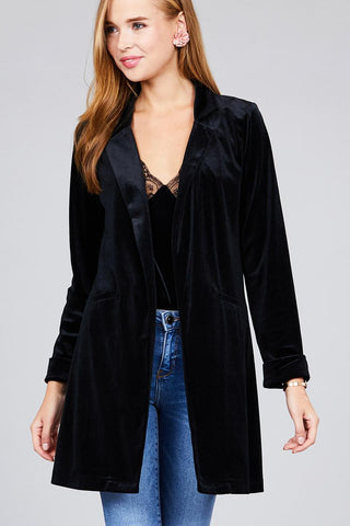 Long sleeve open front rounded lapel solid velvet long jacket