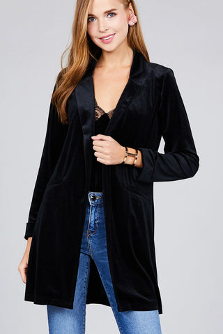 Long sleeve open front rounded lapel solid velvet long jacket