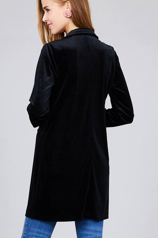 Long sleeve open front rounded lapel solid velvet long jacket