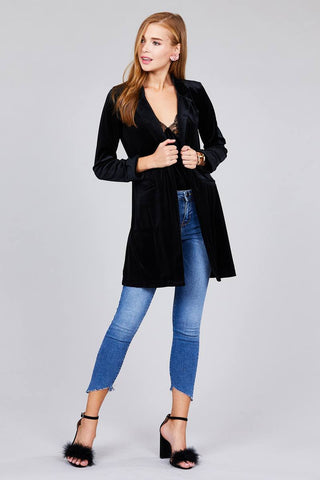 Long sleeve open front rounded lapel solid velvet long jacket
