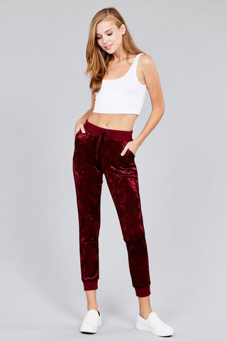 Waist contrast band w/drawstring ice velvet pants