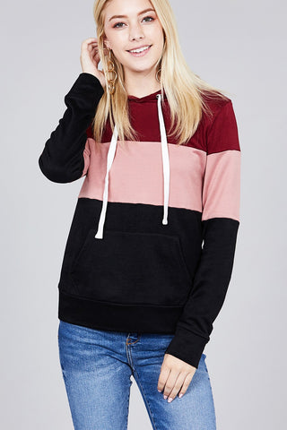 Long sleeve hoodie front kangaroo pocket color block pattern brushed french terry top