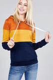 Long sleeve hoodie front kangaroo pocket color block pattern brushed french terry top