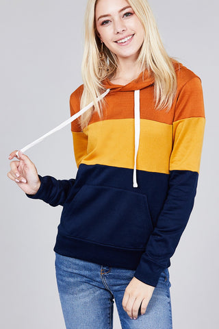 Long sleeve hoodie front kangaroo pocket color block pattern brushed french terry top