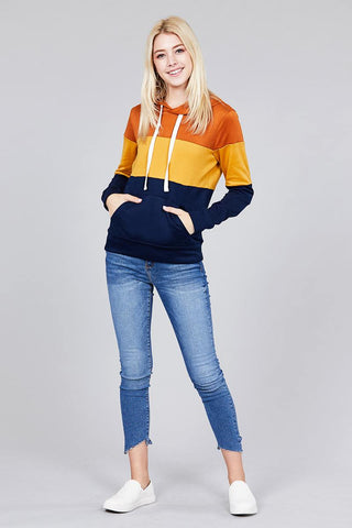 Long sleeve hoodie front kangaroo pocket color block pattern brushed french terry top