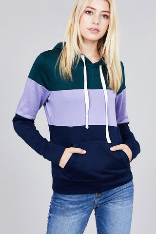 Long sleeve hoodie front kangaroo pocket color block pattern brushed french terry top
