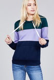 Long sleeve hoodie front kangaroo pocket color block pattern brushed french terry top