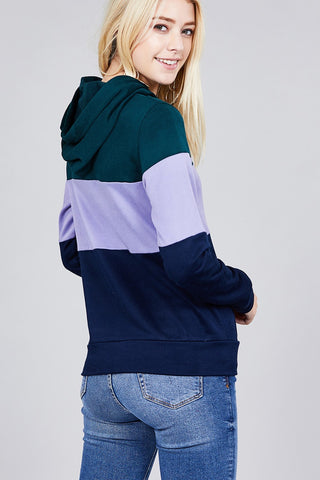 Long sleeve hoodie front kangaroo pocket color block pattern brushed french terry top