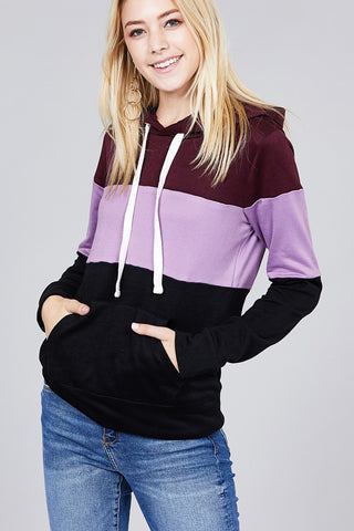 Long sleeve hoodie front kangaroo pocket color block pattern brushed french terry top