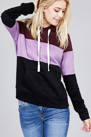 Long sleeve hoodie front kangaroo pocket color block pattern brushed french terry top
