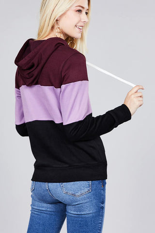 Long sleeve hoodie front kangaroo pocket color block pattern brushed french terry top