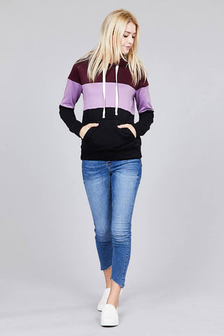 Long sleeve hoodie front kangaroo pocket color block pattern brushed french terry top