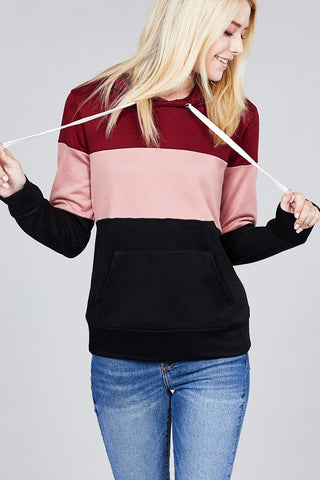 Long sleeve hoodie front kangaroo pocket color block pattern brushed french terry top