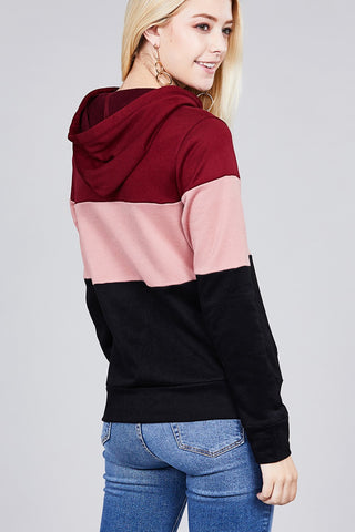Long sleeve hoodie front kangaroo pocket color block pattern brushed french terry top