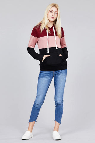 Long sleeve hoodie front kangaroo pocket color block pattern brushed french terry top