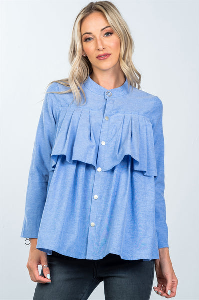 Layer pleated button down top