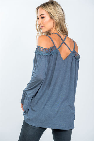 Boho cold shoulder crochet back-cross top