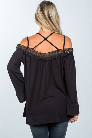 Boho cold shoulder crochet back-cross top