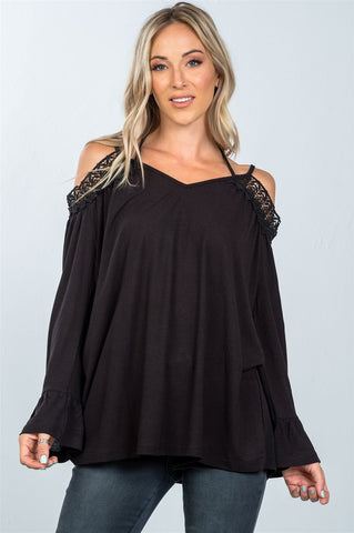 Boho cold shoulder crochet back-cross top