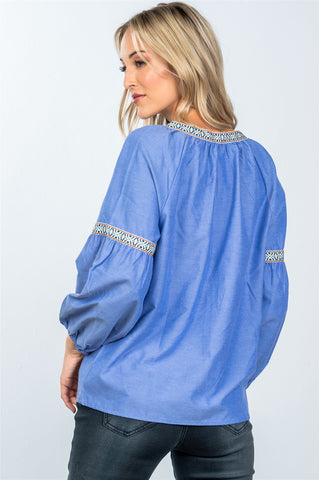 Boho drop shoulder embroidery blouse