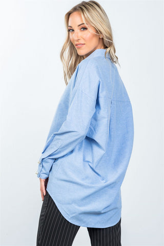 Denim blue faux pearl hi-low hem shirt