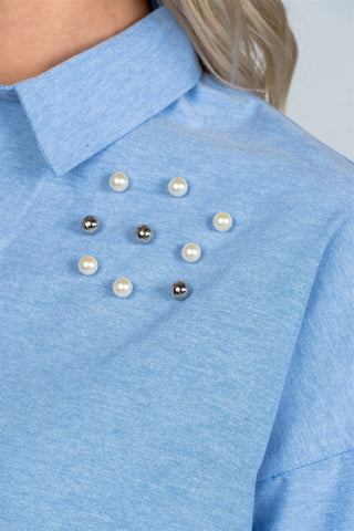 Denim blue faux pearl hi-low hem shirt
