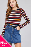 Ladies fashion plus size long sleeve crew neck multi striped dty brushed top