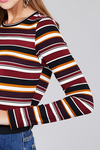 Ladies fashion plus size long sleeve crew neck multi striped dty brushed top