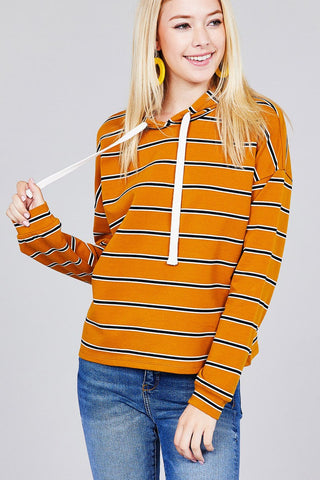 Ladies fashion plus size long sleeve hoodie w/drawstring stripe french terry top