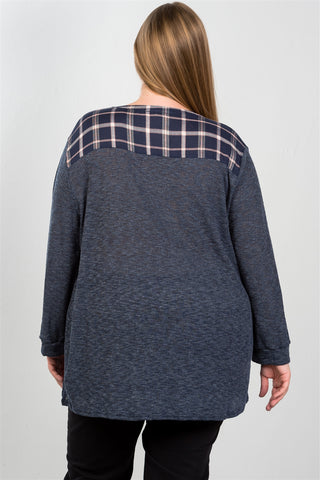 Ladies fashion plus size navy and plaid trim tunic top