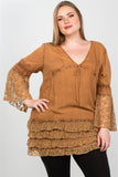 Ladies fashion plus size lace hem v neck tunic top