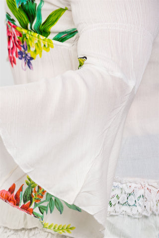 Ladies fashion plus size boho floral mix print lace ruffle hem top