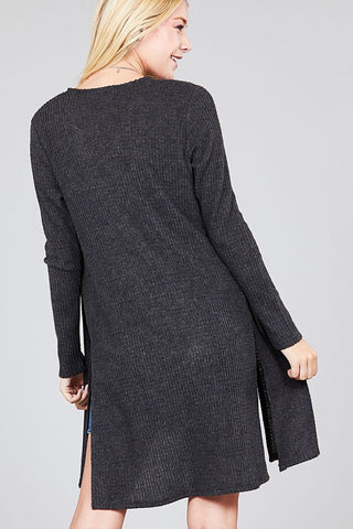 Ladies fashion long sleeve open front side slit tunic length brushed waffle cardigan