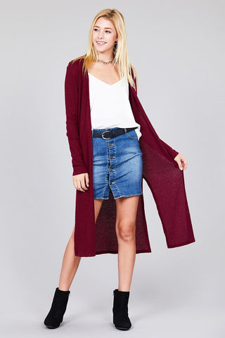 Ladies fashion long sleeve open front side slit midi length brushed waffle cardigan