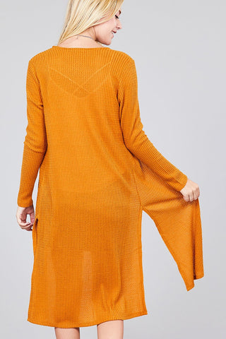 Ladies fashion long sleeve open front side slit midi length brushed waffle cardigan