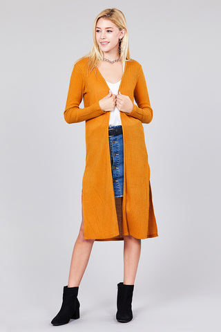 Ladies fashion long sleeve open front side slit midi length brushed waffle cardigan