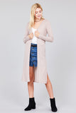 Ladies fashion long sleeve open front side slit midi length brushed waffle cardigan