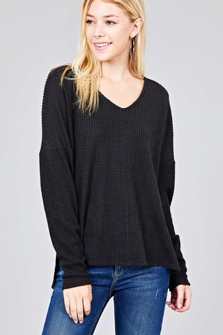 Ladies fashion long dolmen sleeve v-neck brushed waffle knit top