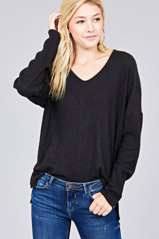 Ladies fashion long dolmen sleeve v-neck brushed waffle knit top
