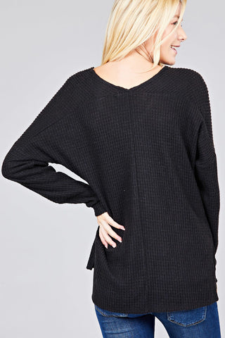 Ladies fashion long dolmen sleeve v-neck brushed waffle knit top