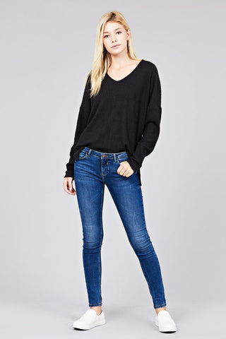 Ladies fashion long dolmen sleeve v-neck brushed waffle knit top