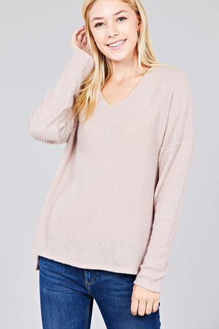 Ladies fashion long dolmen sleeve v-neck brushed waffle knit top