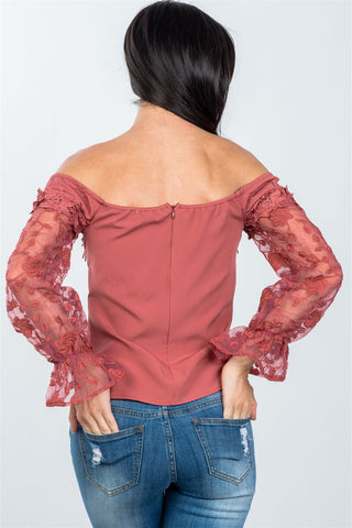 Ladies fashion v-wire off the shoulder floral applique top