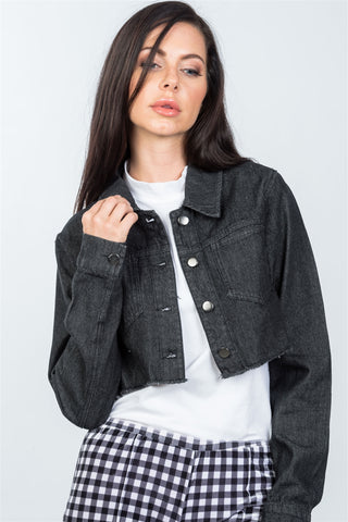 Ladies fashion black lace-up back denim crop jacket