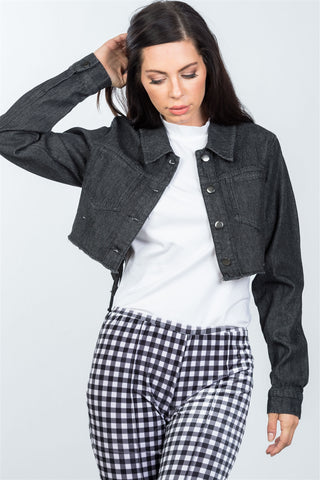 Ladies fashion black lace-up back denim crop jacket