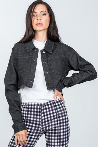 Ladies fashion black lace-up back denim crop jacket