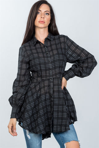 Ladies fashion black graph check print hi-low plume boho tunic shirt