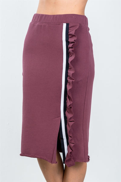 Ladies fashion contrast striped and ruffle midi sweat skirt