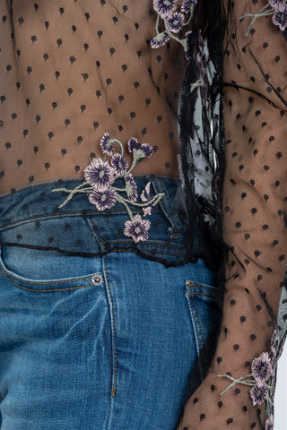 Ladies fashion floral embroidered sheer polka dot boho top